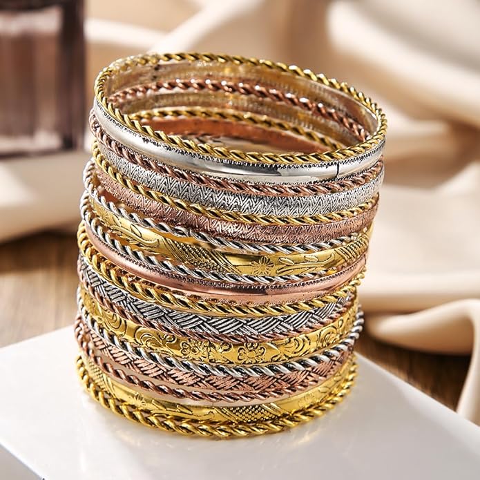 16Pcs Gold Bangle Bracelets for Women - Multi Layer Stackable Textured Bracelets Boho Jewelrys Set.