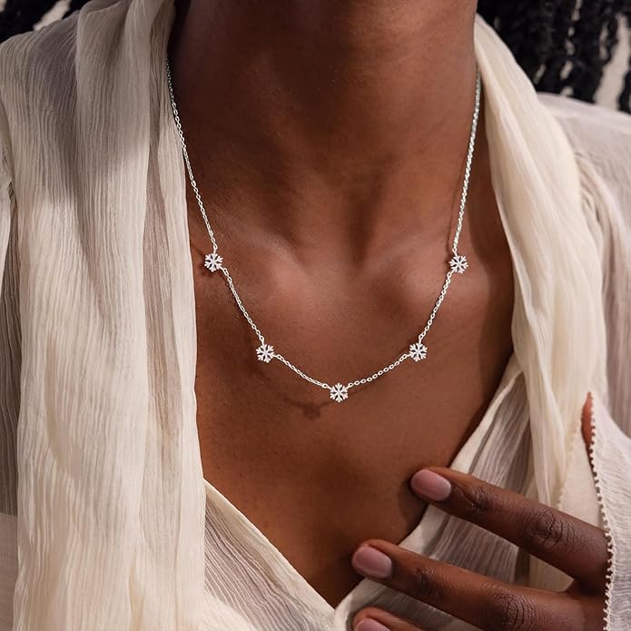 VRIUA Necklaces for Women - 14K Gold/Silver Plated Dainty Chain Necklace with Five Charms: Diamond, Bow, Snowflake, Cross, Flower, Clover, Butterfly, Heart, Star of David, and Star Trendy Jewelry