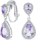 Vintage Style Bridal Cubic Zirconia Simulated Gemstone AAA CZ Halo Dangle Teardrop Chandelier Clip On Earrings For Women Silver Rose Gold Plated in Black Purple Blue Red Rose Pink Green Clear
