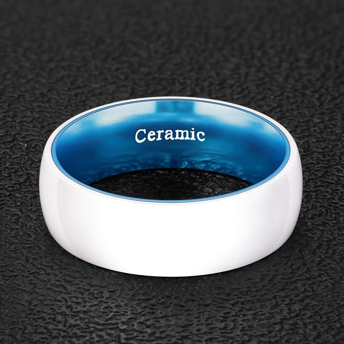 POYA White Ceramic Ring 6mm 8mm Wedding Band for Men Women Inlay Anodized Aluminum Liner Comfort Fit