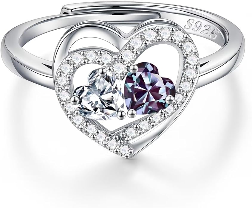Iefil Adjustable Ring for Women - 925 Sterling Silver Double Birthstone Rings, Anniversary Birthday Gifts for Women Wife Her