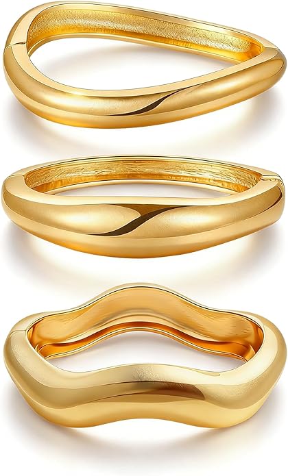 3 Pcs Gold Bangle Bracelets for Women Trendy Chunky Cuff Bracelet Silver Irregular Statement Stackable Bangle Bracelet Minimalist Cuff Jewelry for Women Gifts