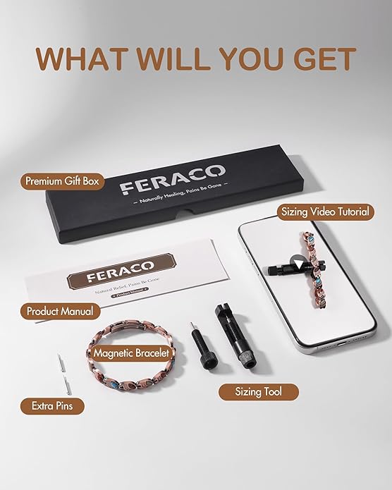 Feraco Pure Copper Bracelets for Women, Ultra Strength Magnetic Bracelet with 3800 Gauss Magnets & Natural Turquoise & Stones, Adjustable, Jewelry Gift