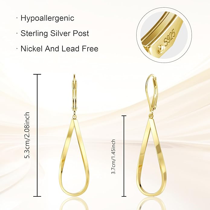 ALEXCRAFT 925 Sterling Silver Teardrop Leverback Earrings for Women Trendy Waterdrop Drop Twisted Dangle Earrings Jewelry 14K Gold Plated Hypoallergenic Boho Leverback Dangle Earring