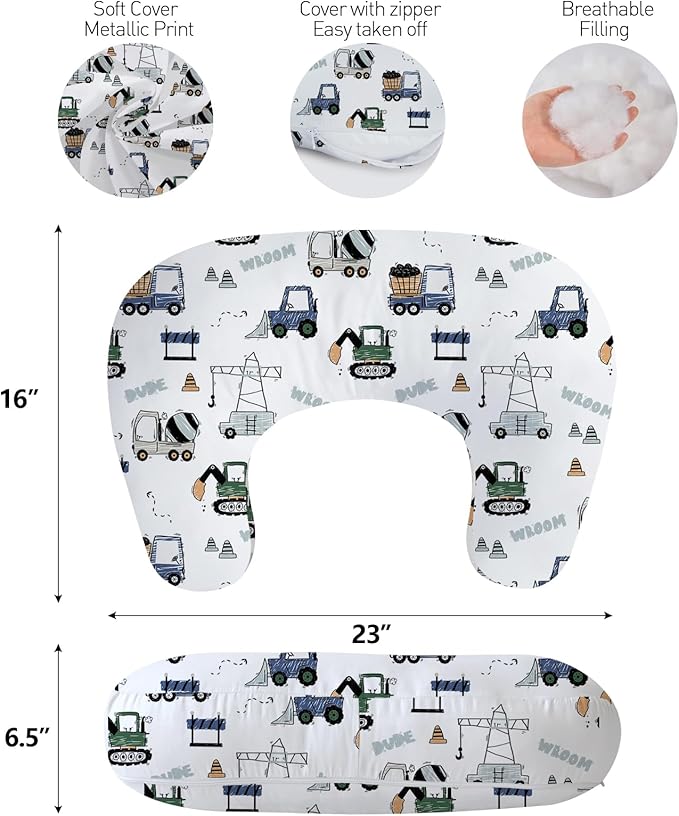 Little Grape Land Nursing Pillow,Upgraded Breast Feeding Pillow for Mom,Breastfeeding & Bottle Feeding for 0–20 Months, Soft Machine Washable Cover with Firm Breathable Filling, Tummy Time,Truck
