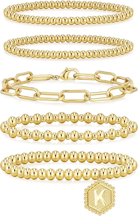 adoyi Valentines Day Gifts for Her Gold Bracelets for Women Waterproof, 14K Gold Plated Beaded Strand Bead Ball Bracelets stack Adjustable Jewelry Set for Gifts