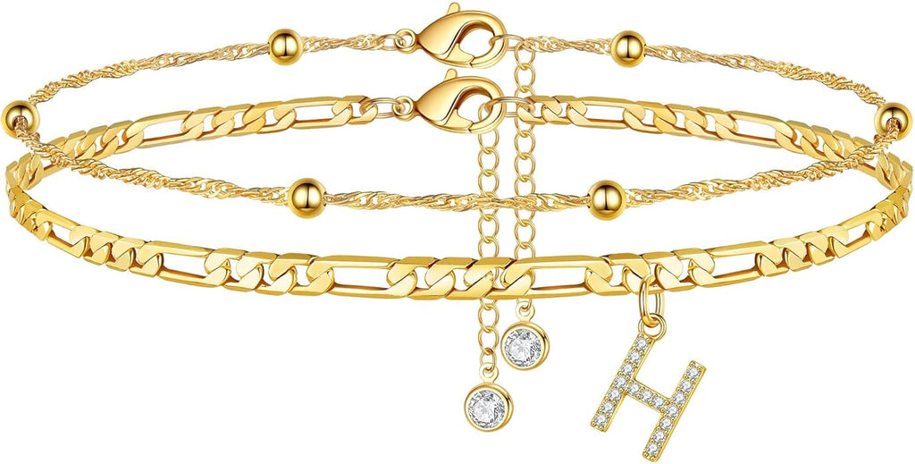 Ursteel Ankle Bracelets for Women, 14K Gold Plated Dainty Layered Chain CZ Initial Anklets Summer Jewelry Gifts for Women