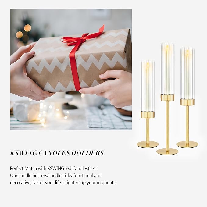 Glass Hurricane Candlestick Holders Gold, KSWING Set of 3 Taper Candle Holders - Image 6