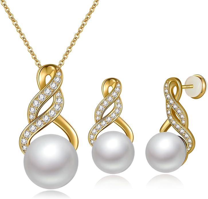 Gifts for Women-Pearl Necklace and Earring Set -925 Sterling Silver Jewelry Set- Birthday Valentines Day Anniversary or Christmas Gifts for Wife