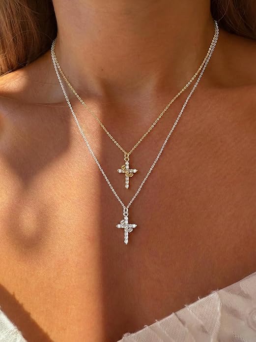 Tewiky Christian Gift Stocking Stuffers Cross Necklace for women-Dainty 14k Gold Plated/Silver Plated Pendant Necklaces Simple Cute Tiny Necklace Jewelry for Women