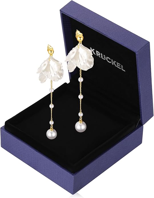 Kruckel Pearl Flower Long Drop Dangling Earrings - Cute Sparkly Golden Stud Lightweight Women Jewelry, White Petal Dangles, Easy - Wear Fashion Design Accessory with Durable Jewelry Box
