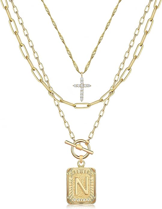 MJartoria Layered Initial Necklaces for Women Trendy, 14K Gold Plated Brass Simple Dainty Cross Choker Square Letter Pendant Necklace, Paperclip Chain Necklaces Jewelry