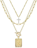 MJartoria Layered Initial Necklaces for Women Trendy, 14K Gold Plated Brass Simple Dainty Cross Choker Square Letter Pendant Necklace, Paperclip Chain Necklaces Jewelry
