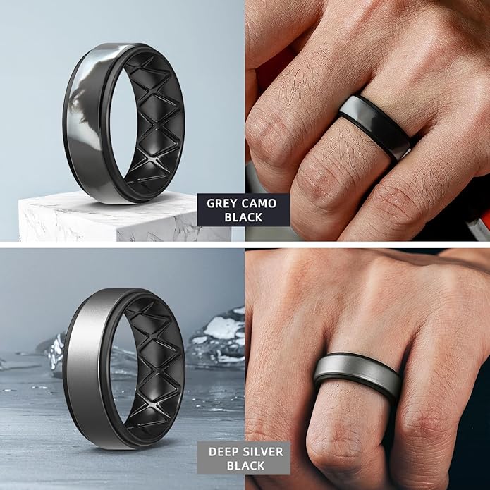 Egnaro Silicone Rings for Men 1/4/5/6/7 Multipack of Breathable Mens Silicone Rubber Wedding Rings Bands - Step Edge