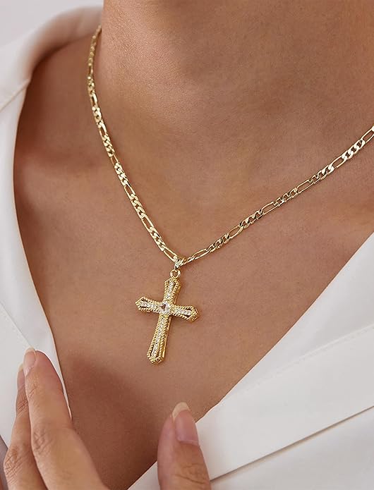 14K Gold Plated Cross Necklace for Women, Cubic Zirconia Copper Cross Pendant, Valentine's Mother's Day Gifts for Her with Jewelry Box Figaro Link Chain, Alloy Brass CZ Diamond Bridal Wedding