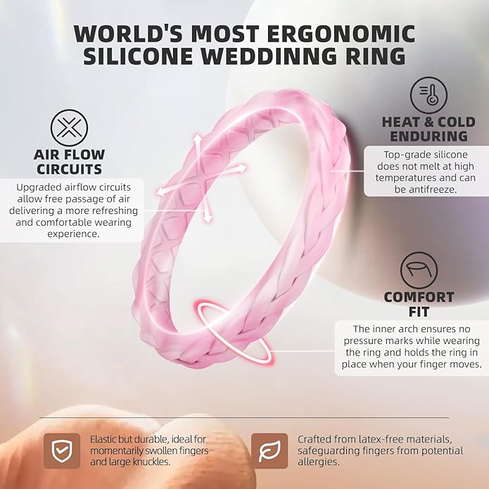 Egnaro Women's Wedding Bands, Silicone Thin and Stackable Rubber Engagement Ring, Variety Multipack With Breathable Grooves Workout Accessories