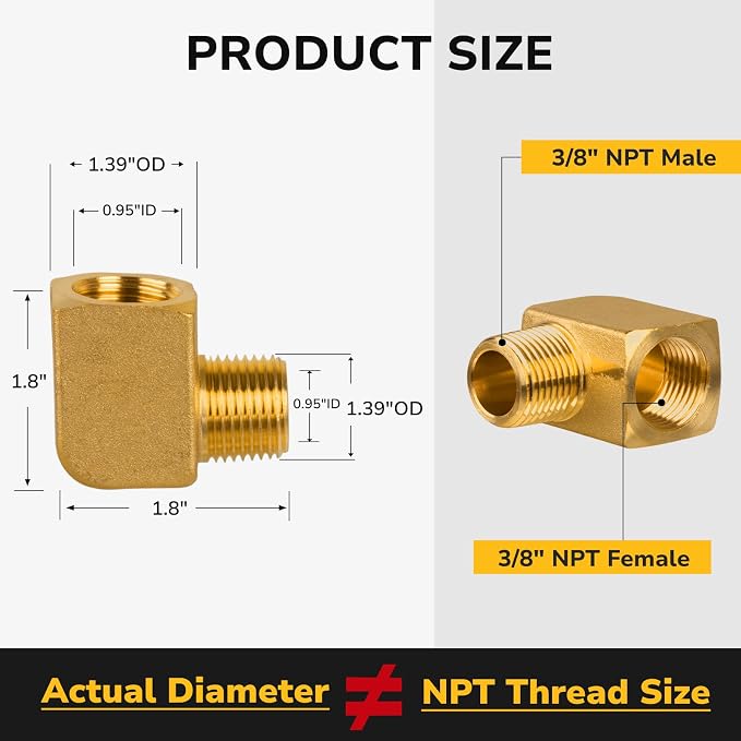 90 Degree Elbow, 3/8" NPT Male × 3/8" NPT Female Brass Pipe Fitting, Barstock - Image 2