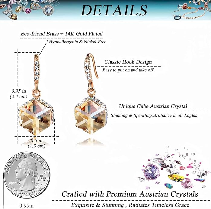 Austrian Crystal Cube Drop Dangle Earrings for Women 14K Gold Plated Hypoallergenic Jewelry