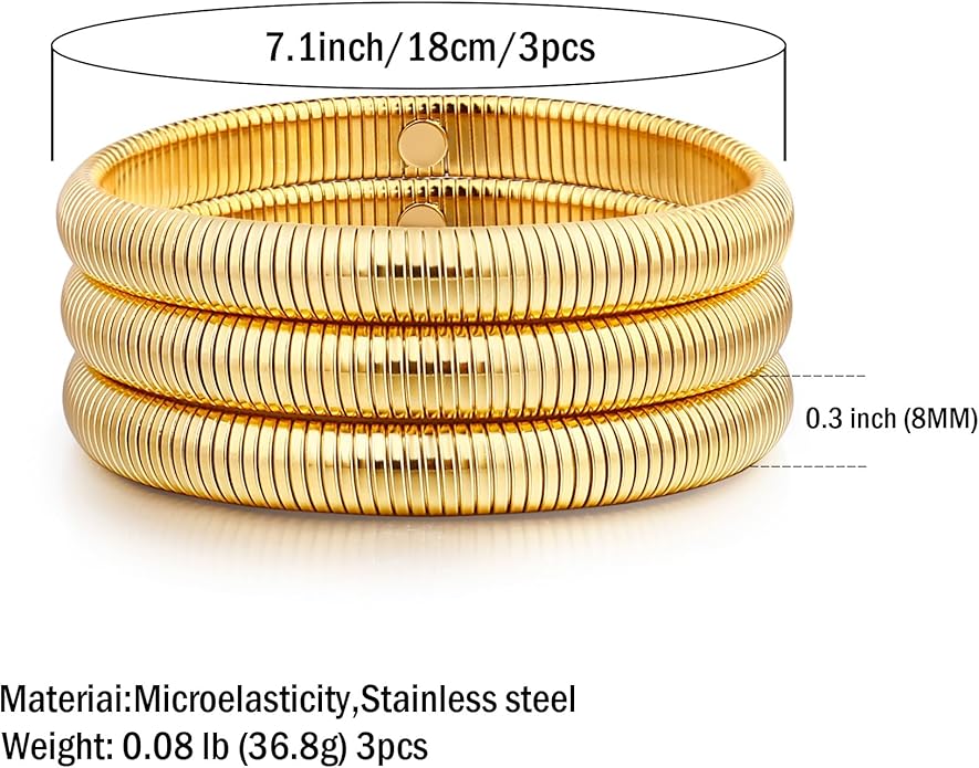 Gold Bangle Bracelets For Women Non Tarnish 14k Gold Plated Stackable Chunky Gold Bracelet Set Stretch Trendy Elastic Snake Chain Bracelet