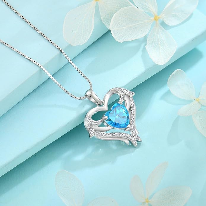 FJ Heart Angel Wings Pendant Necklace 925 Sterling Silver Birthstone Jewelry Gifts for Women