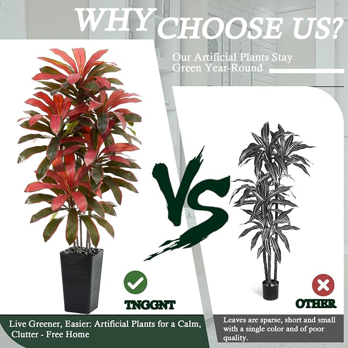Artificial Dracaena Tree: 5FT Fake Plants Silk Faux Trees（Black Pot） | - Image 5