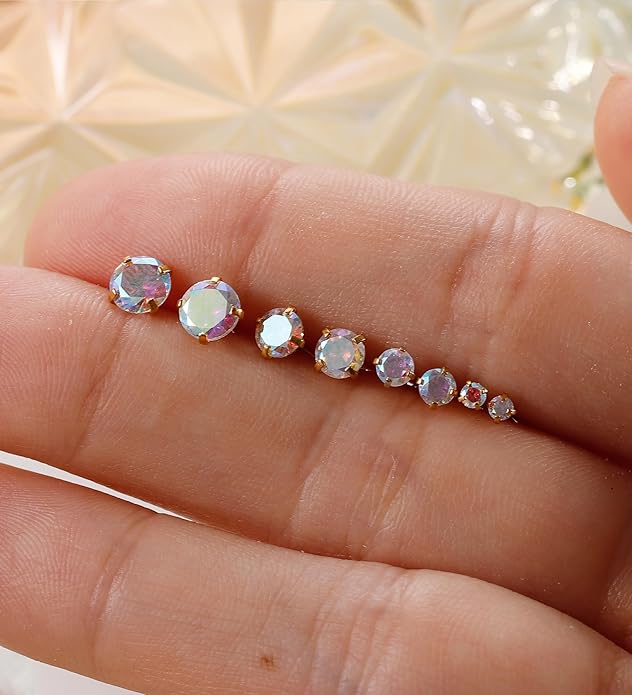 4Pairs AB Cubic Zirconia Earrings Studs Flat Back Earrings for Women 14K Gold CZ Flatback Stud Earrings Hypoallergenic Cartilage Nap Earrings
