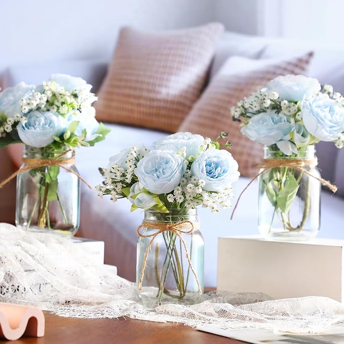 6 Sets Mason Jar Flowers Centerpiece Table Decorations, Artificial Peony Baby's - Image 3