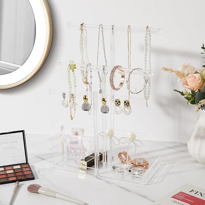 Acrylic Jewelry Display Stand 4-Tier Clear Jewelry Organizer, Necklace Bracelet Earring Watch Ring Jewelry Holder,Display Tower Tray Storage Gift for Women