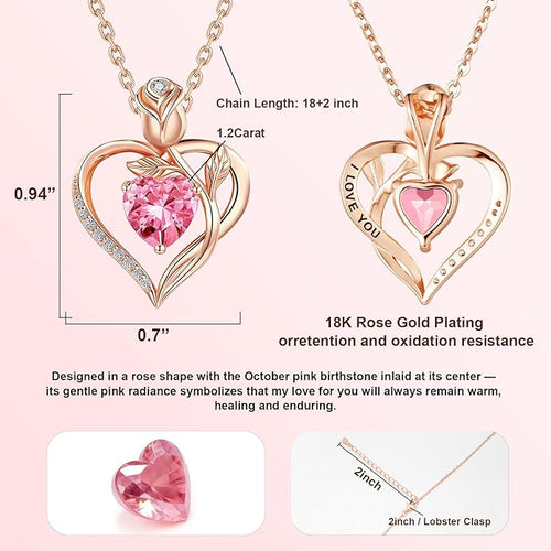 1.2CT Rose Heart Necklace Option of Moissanite or Lab-Grown Sapphire Ruby Emerald&More Necklace for Women Birthstone Girlfriend Necklace S925 Sterling Silver 18K White/Rose Gold Plated D Color VVS1 Gift for Wife Mother Daughter for Birthday Anniversary...