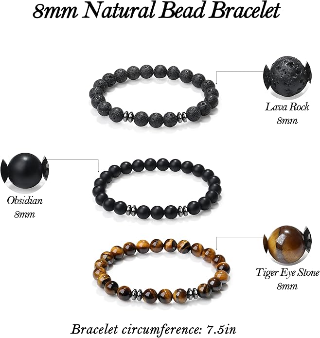 XIANNVXI Natural Stone Beads Bracelet for Men Crystal Bracelets 8MM Tiger Eye Lava Rock Obsidian Beaded Bracelet Set Black/Red/Blue Crystal Beaded Bracelets for Men