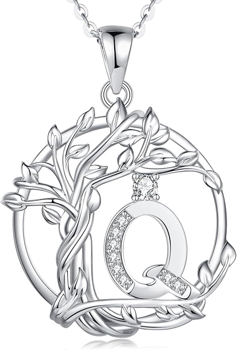 FANCIME Tree of life Initial necklaces for women, Sterling Silver Tree Jewelry Simulated Diamond Letter Pendant Cubic Zirconia CZ Personalized Birthday Mothers Day Gifts for Mom Wife Her