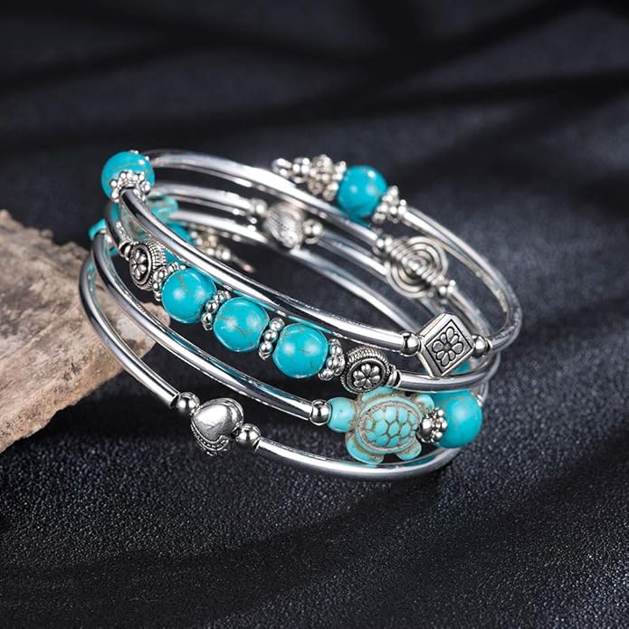 BULINLIN Layered Wrap Bangle Turquoise Bracelet - Bead Bracelet with Natural Agate Stone, Gifts For Women
