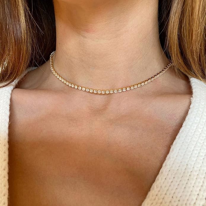 Tennis Necklace Bracelet for Women, Dainty Sterling Sliver Choker Necklace Crystal Link Bracelet Stud Earrings for Women Wedding Jewelry for Bride Jewelry Set Accessories