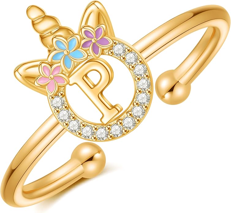 Unicorn Rings Gifts for Girls - Adjustable Initial Ring Dainty Cute Unicorn Rings for Girl Teens Little Girls Jewelry Birthday Gift