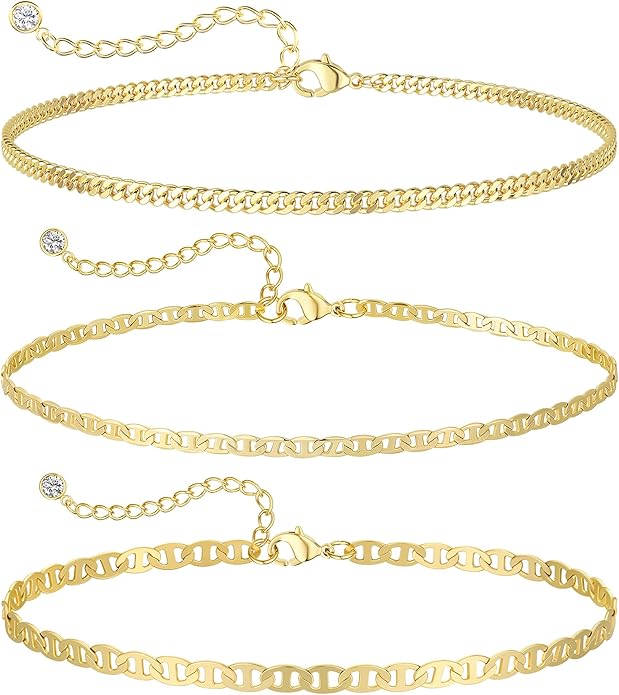 MIDEEO Gold/Silver Ankle Bracelets for Women,14K Gold Anklets for Women Waterproof Cuban Link Heart Beads Herringbone Rhinestone Anklets Set Layered Anklet Bracelets for Women Gold Jewelry Gift