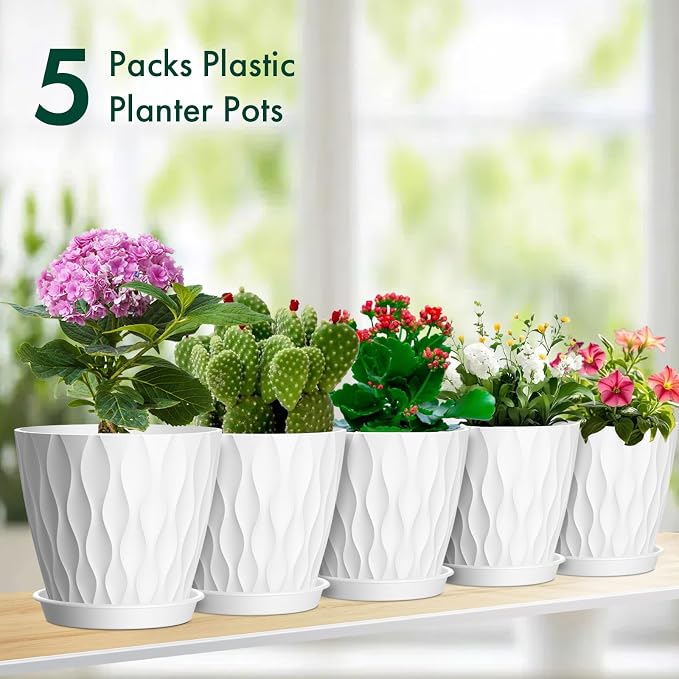 Meowell 4 inch Small Plastic Nursery Pots, 5 Pack Water Ripples Plant Pots - Image 7