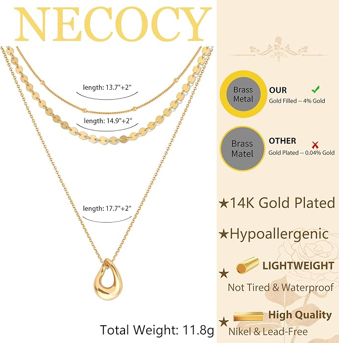 NECOCY Valentine's Day Gift 14k Gold/Silver Plated Layered Gold Necklaces for Women, 3Pcs Dainty Herringbone Choker Set, Trendy Stack Simple Chain Layering Pendant Jewelry