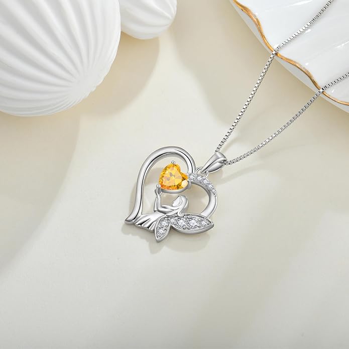 Guardian Angel Necklace 925 Sterling Silver Heart Angel Wings Pendant Birthstone Jewelry for Women
