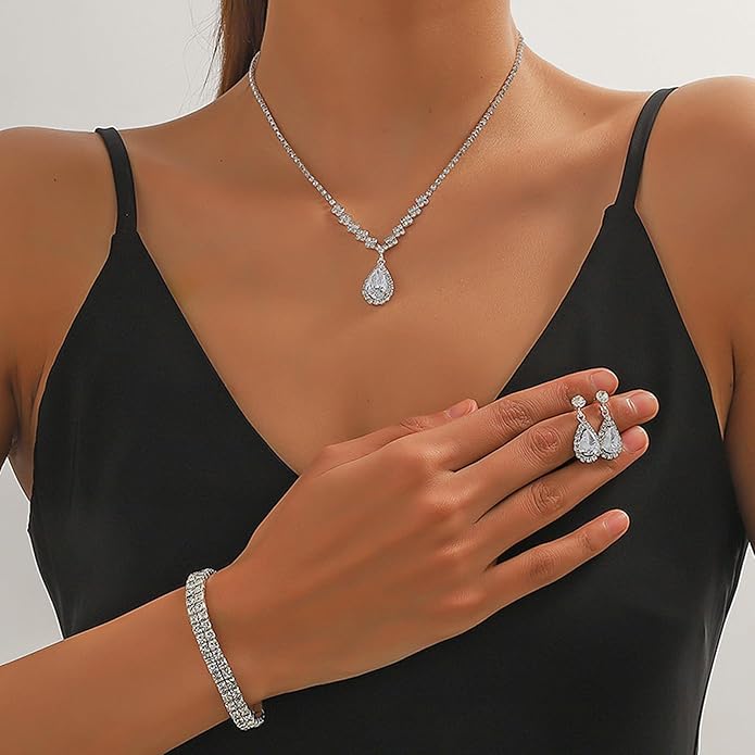 Silver Crystal Bridal Jewelry Set, Teardrop Dangle Earrings Rhinestone Necklace Bracelet for Bride Bridesmaid Crystal Bridal Wedding Party Jewelry Sets