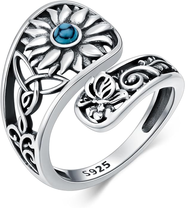 Midari Sun and Moon/Bee/Celtic/Life of Tree/Lotus Spoon Ring for Women 925 Sterling Silver Adjustable Ring Open Ring for Women Men Halloween Birthday Gift