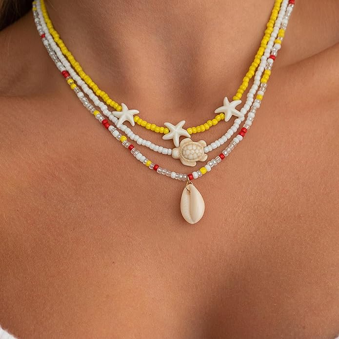 Women's Shell Starfish Boho Layered Beaded Necklace Choker for Summer Beach Vacation Gifts for Birthday/Anniversary/Christmas