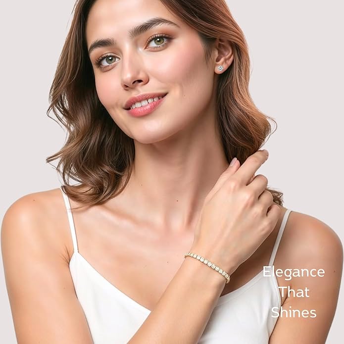 LOVE&LOVE Moissanite Tennis Bracelet for Women, Adjustable 18K Gold Plated 925 Sterling Silver Bracelet, 3/4mm D VVS1 Round Cut, Luxury Jewelry Gift for Wife Mom Girlfriend Birthday Anniversary
