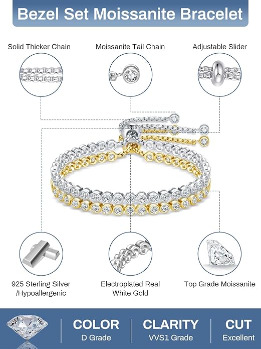 Moissanite Tennis Bracelet Adjustable for Women - 14k Gold Plated Sterling Silver Lab-created Diamond Link Bracelets Luxury Dainty Birthday Wedding Anniversary Womens Mom Wife Girlfriend Jewelry Gifts