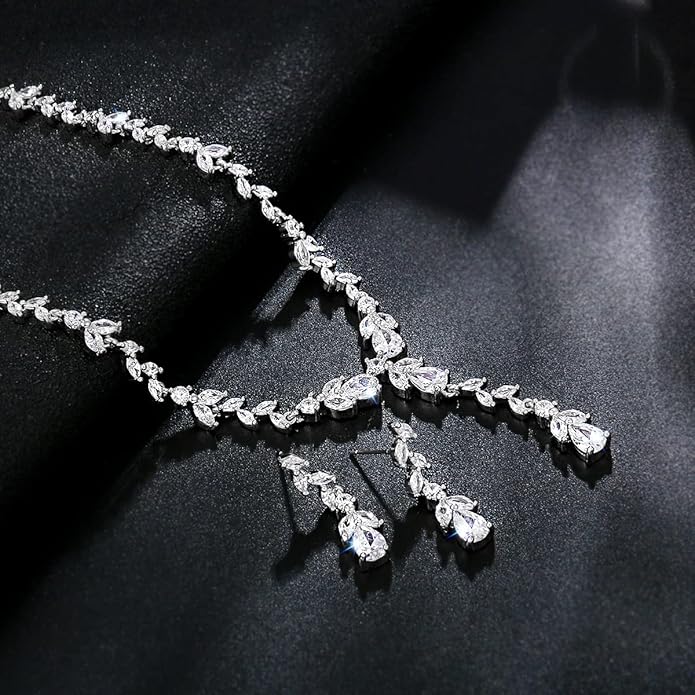 Bridal Wedding Jewelry CZ Set Marquise Teardrop Cubic Zirconia Pendant Necklace and Dangle Earring Bracelet Sets for Women