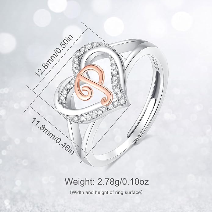 INFUSEU 925 Sterling Silver Initial Heart Ring for Women Girls, Adjustable Size