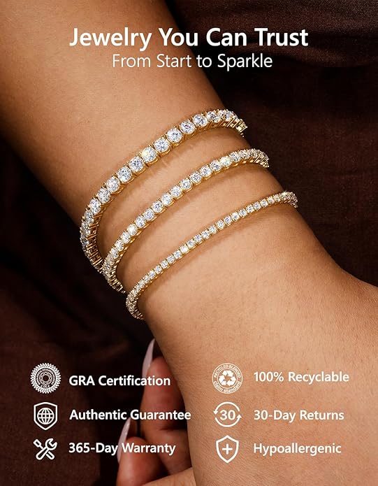 KRKC&CO Moissanite Bolo Tennis Bracelets for Women, 1.6-8.0 ct.tw, Adjustable Length S925 Sterling Silver, Christmas Gifts for Her, Luxury Box, 2/3/4mm D Color VVS1 White/14K/24K/Rose Gold Plated