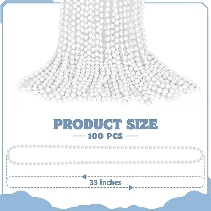 100 PCS White Mardi Gras Beads Bulk, 33" Mardi Gras Beaded Necklaces, Round Beaded Accessories Set Parade Throw Bead Accessories Supplies, White Beads for Wedding Carnival Party Decorations