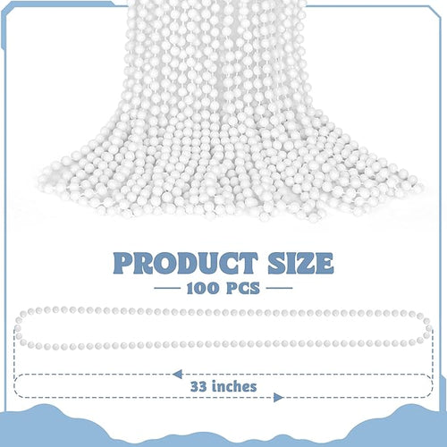 100 PCS White Mardi Gras Beads Bulk, 33" Mardi Gras Beaded Necklaces, Round Beaded Accessories Set Parade Throw Bead Accessories Supplies, White Beads for Wedding Carnival Party Decorations