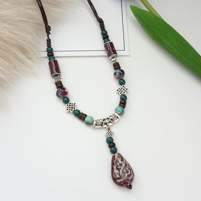 Adjustable Ceramic Beaded Necklace for Women, Boho Handmade Flower Pendant Necklace, Hippie Jewelry for Mom and Wife