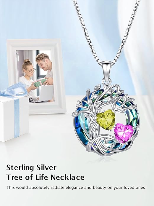 TOUPOP s925 Sterling Silver Family Celtic Tree of Life Pendant Necklaces with 2 Heart Birthstone with Blue Austrian Crystal Jewelry Birthday Valentines Day Gifts for Her, Anniversary Christmas Gifts for Wife Girlfriend Mom (18K Real White Gold Filled)